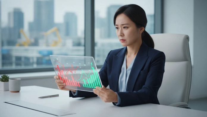 스마트공장 프로젝트의 부적절한 예산 집행(붉은색 흐름)과 투명한 예산 계획(녹색 흐름)을 비교 검토하는 한국인 재무 담당자.