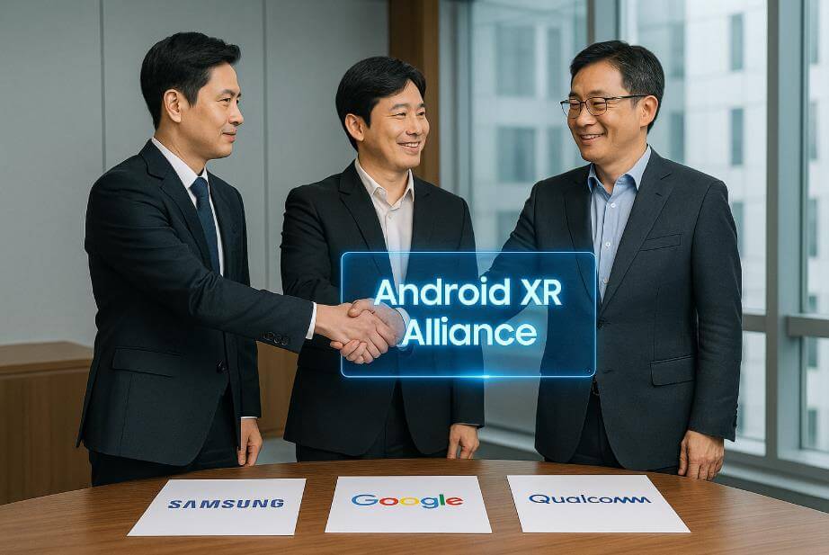 삼성&middot;구글&middot;퀄컴이 갤럭시 XR 개발 협력 발표를 하는 장면
