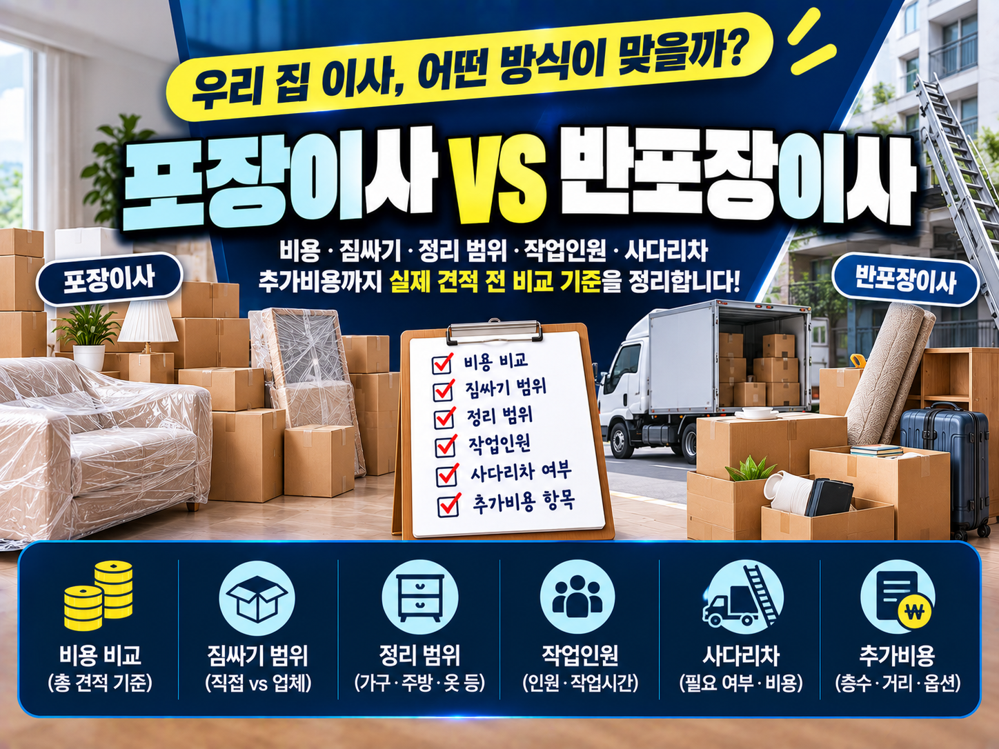 포장이사 vs 반포장이사, 어떤 방식이 내 이사에 맞을까요? 비용부터 짐싸기·정리 범위, 작업인원, 사다리차와 추가비용까지 실제 견적 전 비교 기준을 정리합니다.