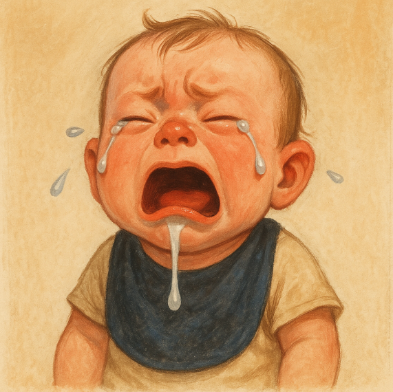 아기가 이앓이로 인해 침을 흘리며 울고 있는 모습