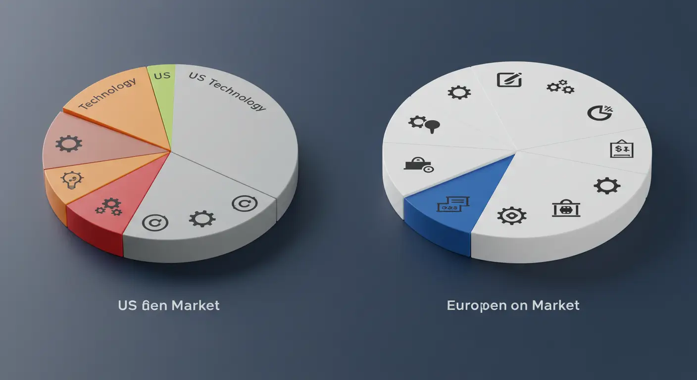 기술주 중심의 미국 시장과 가치주 중심의 유럽 시장의 산업 구성비 차이