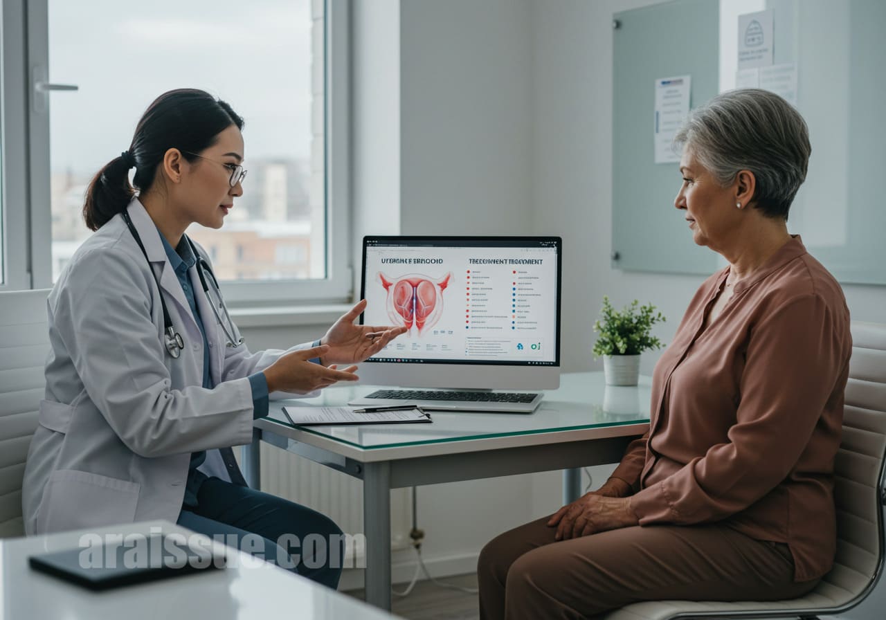 자궁근종 치료 방법에 대해 설명하는 외국인 의사와 환자. 디지털 차트를 통해 다양한 치료 옵션을 제시하는 모습. 현대적이고 세련된 상담실에서 환자가 진지하게 듣고 있다.