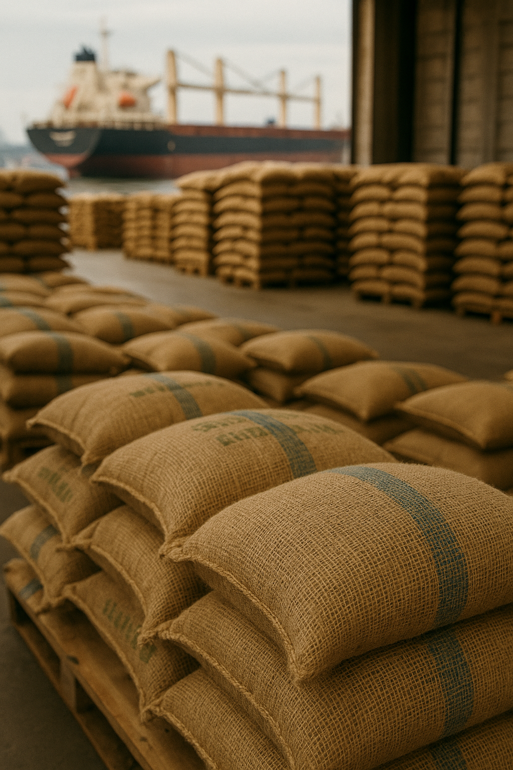 원두 자루가 쌓여 있는 항구나 창고 풍경