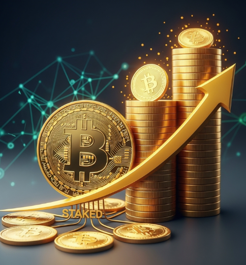 비트코인 로고와 이자를 의미하는 화살표, 그리고 쌓이는 코인들