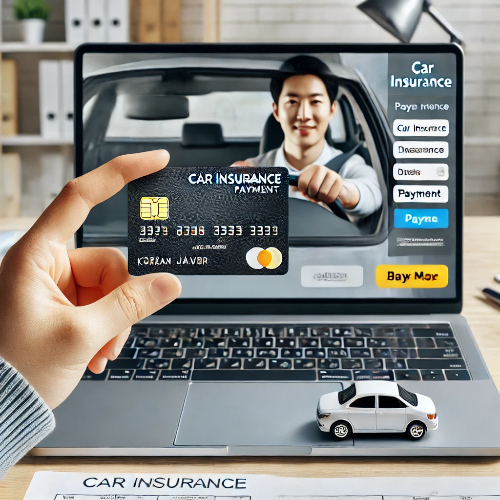 책상에서 노트북으로 자동차보험 결제 옵션을 확인하며 신용카드를 들고 있는 한국 운전자. 노트북 화면에는 보험 관련 정보가 표시되어 있음