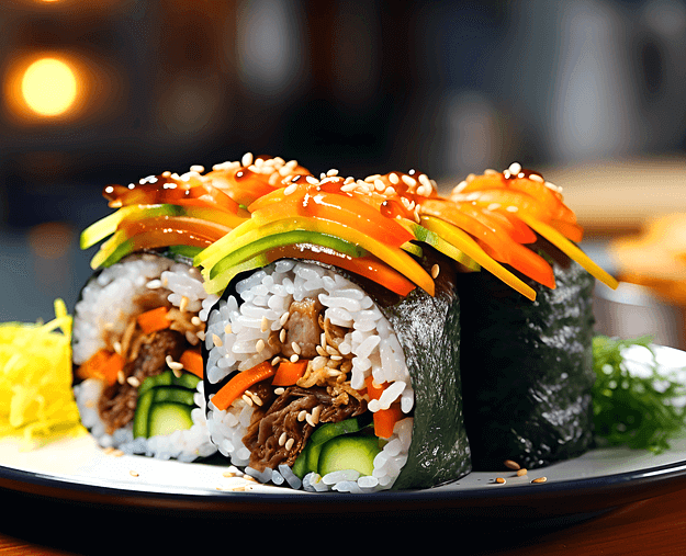 접시에 5cm로 잘려진 김밥들이 3개 놓여있다. 김밥 위에는 당근채와 오이채가 올려졌다.