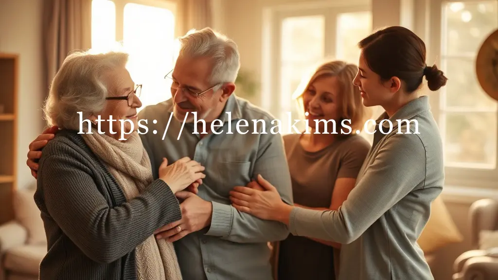 따뜻한 햇살이 스며드는 아늑한 실내에서, 세대가 다른 사람들이 서로를 부드럽게 맞잡고 있는 행복해 하는 이미지.