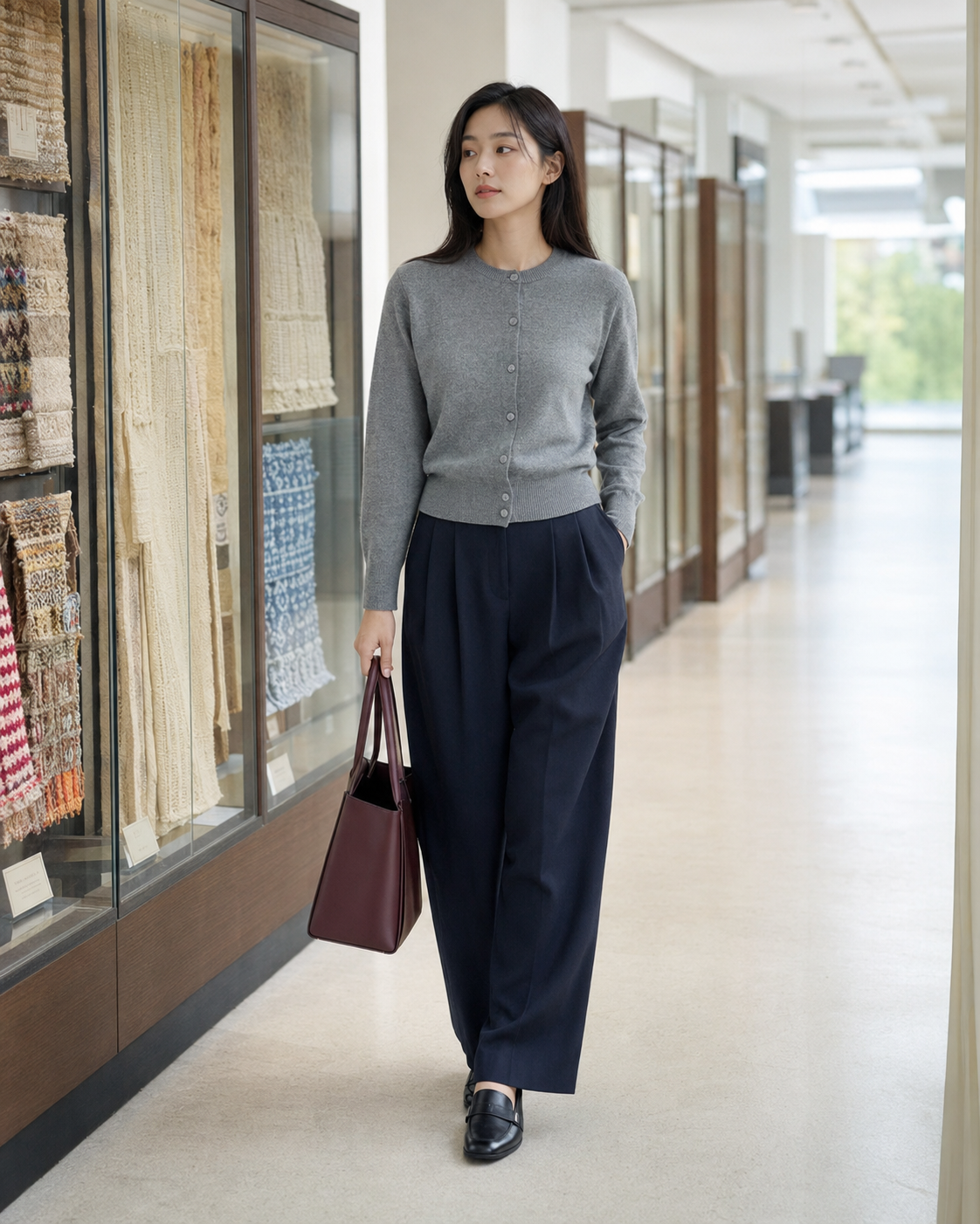 출근: 파인게이지 크루넥을 상의처럼의 디자인 특징과 패션 맥락을 보여주는 이미지입니다.