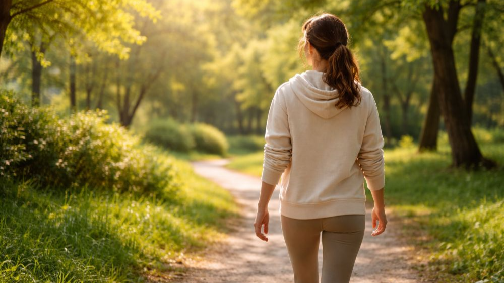 햇살이 비치는 공원 길을 뒷모습으로 조용히 산책하는 사람의 실루엣