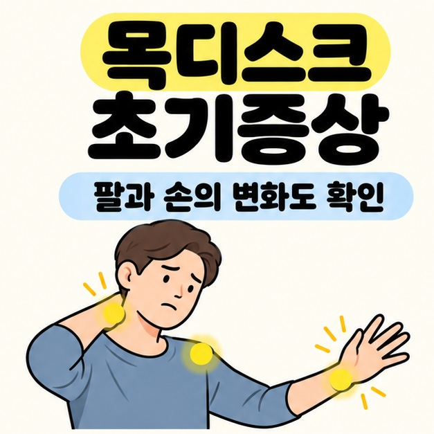 목디스크 초기증상 제목과 팔과 손의 변화도 확인 문구 아래 성인의 목과 어깨, 손목 부근을 노란색으로 표시한 이미지
