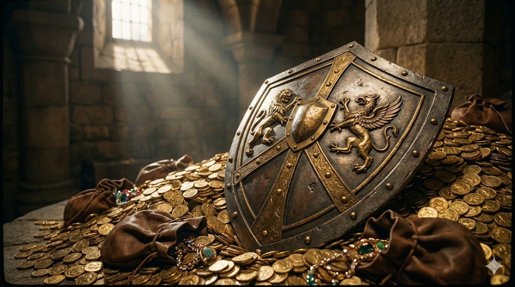 차곡차곡 쌓인 금화 위로 튼튼한 방패가 놓여 있는 이미지