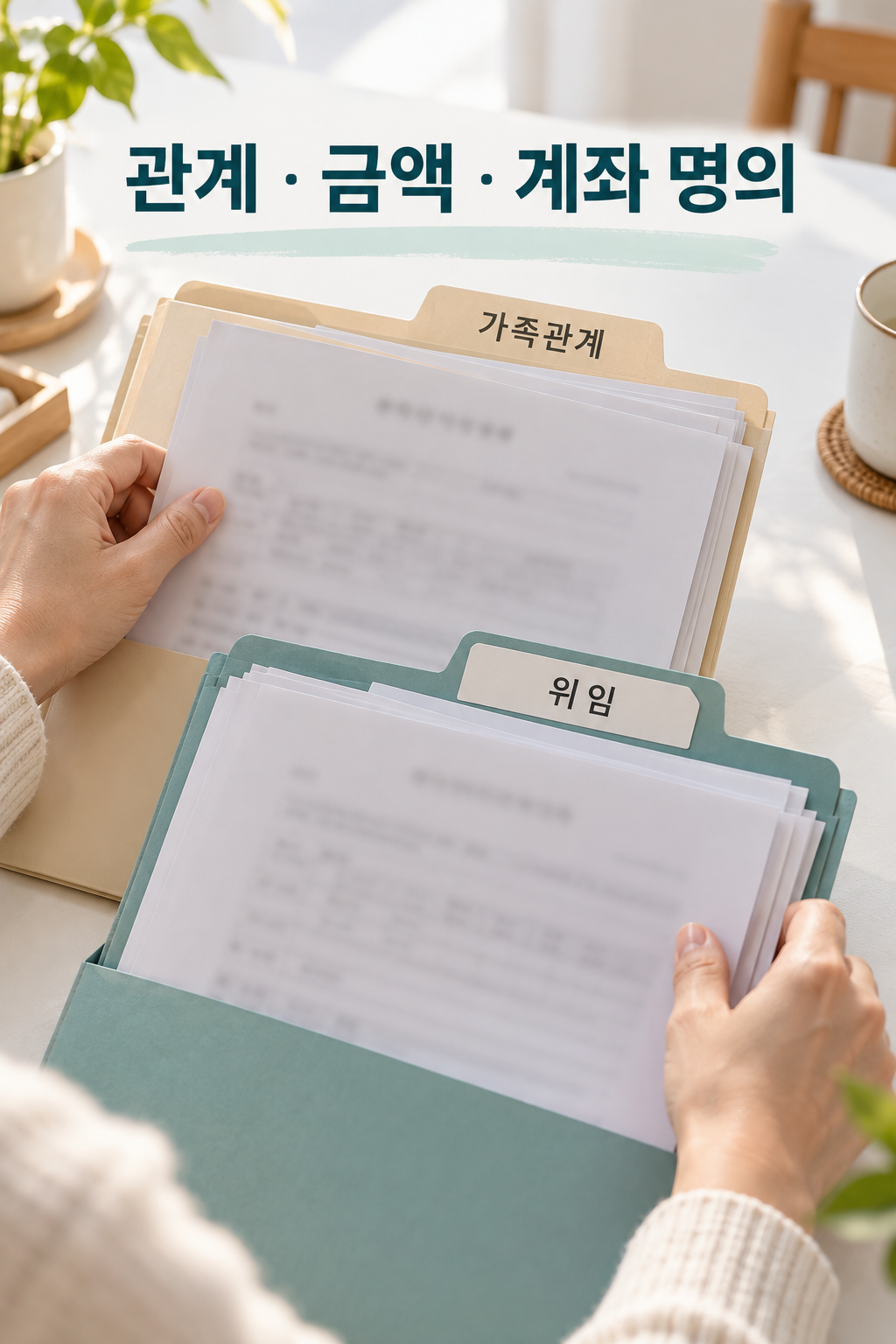 성인 가족이 신청 안내와 위임 관련 서류를 구분해 정리하는 손