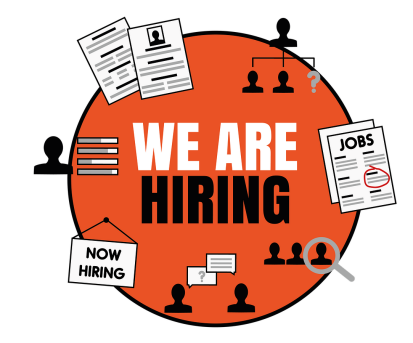 커다란 빨간색 바탕의 원 안에 'WE ARE HIRING'이라는 문구가 가운데 크게 적혀 있다. 곳곳에 사람을 표현하는 그림이 작게 그림자처럼 그려져 있고, 양 옆과 위에 문서처럼 생긴 종이들이 그려져 있다.