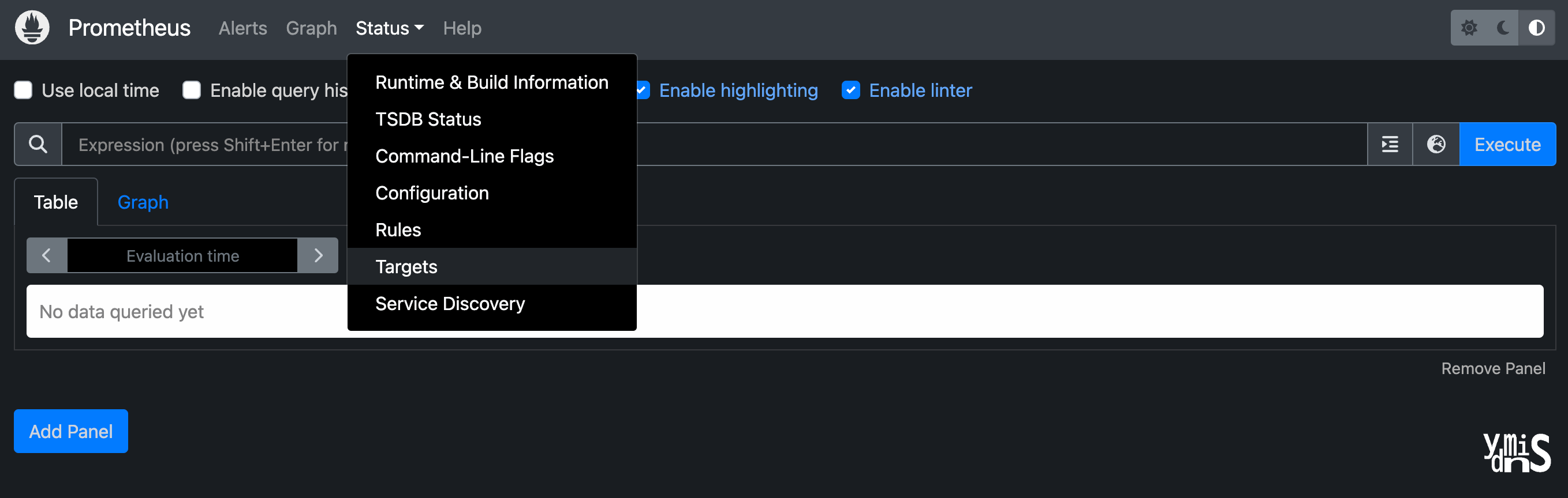 프로메테우스 콘솔창 모습이다. Status , Targets을 선택한 모습이다.