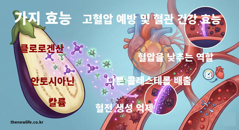 고혈압 예방과 혈관 청소에 도움을 주는 가지 효능을 설명하는 이미지