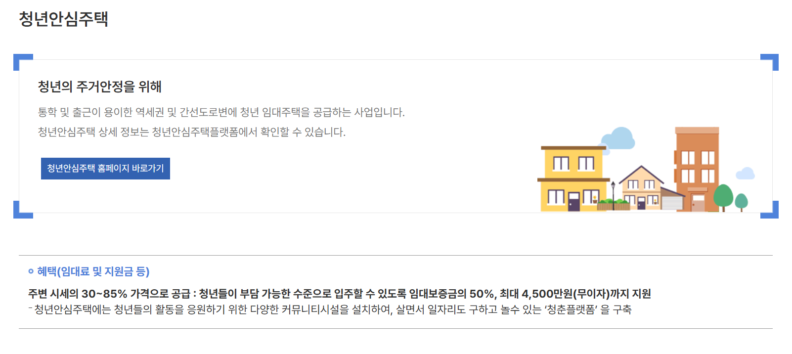 청년안심주택 혜택/ 직주근접 역세권 주택 공급, 임대료 및 지원금 지원, 다양한 커뮤니티