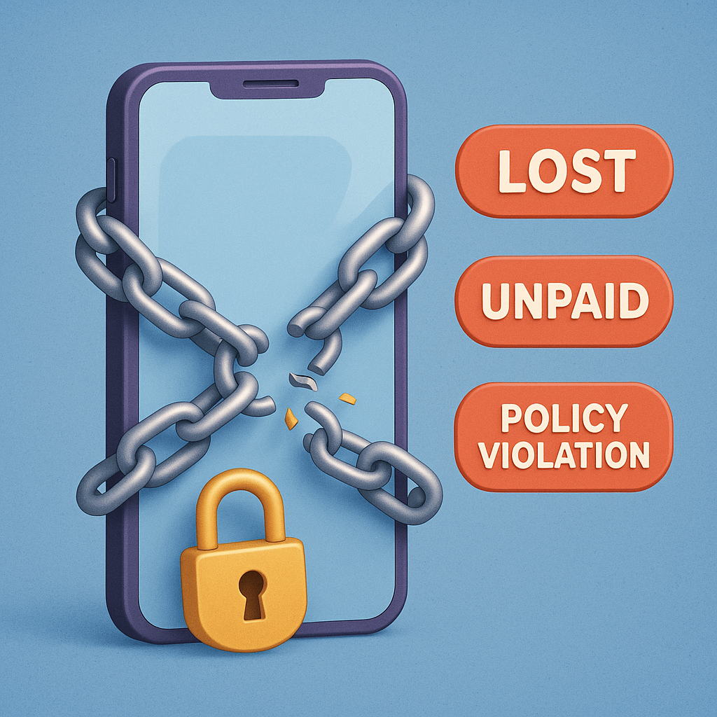 3D 일러스트로 표현된 스마트폰이 끊어진 체인 자물쇠에 묶여 있으며, 오른쪽에는 '분실', '미납', '정책 위반'이라는 라벨이 있는 디지털 인포그래픽 스타일 이미지