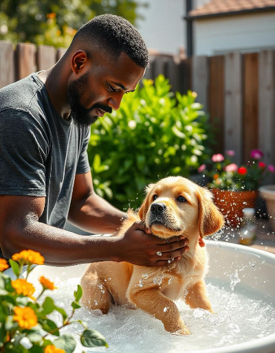 리트리버 강아지를 목욕 시키는 주인