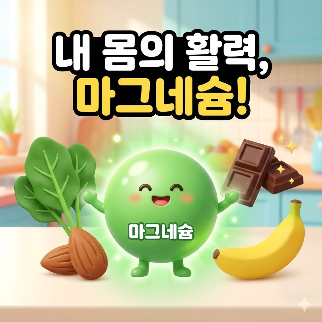 마그네슘 캐릭터와 시금치, 아몬드, 다크 초콜릿, 바나나 등 마그네슘이 풍부한 음식들이 활기차게 어우러진 3D 카툰 일러스트. '내 몸의 활력, 마그네슘!'이라는 문구가 적혀있어 건강과 에너지를 강조한다.