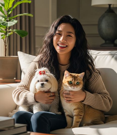 쇼파에 앉아 강아지와 고양이를 안고 휴식하는 모습
