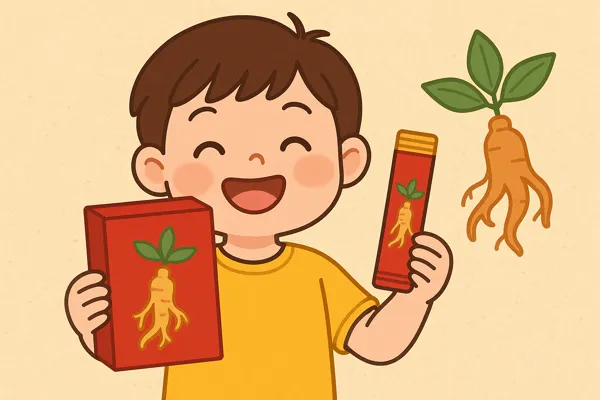 어린이 홍삼 스틱 들고 웃는 아이