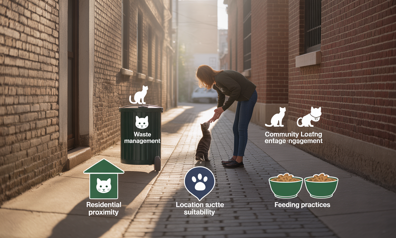 법적 문제 없이 안전한 길고양이 급식 장소를 선정하는 5가지 핵심 원칙을 담은 인포그래픽.