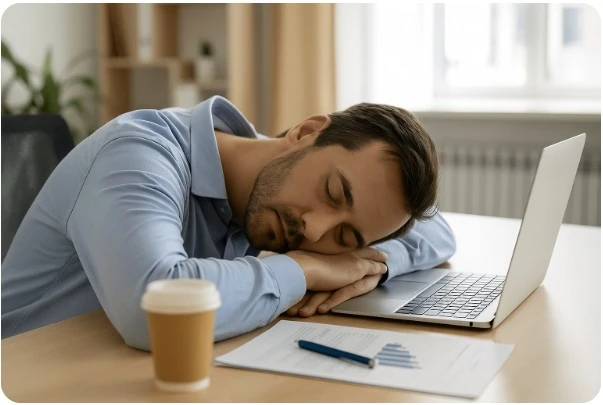 점심시간에 책상에서 낮잠을 취하는 근로자 모습