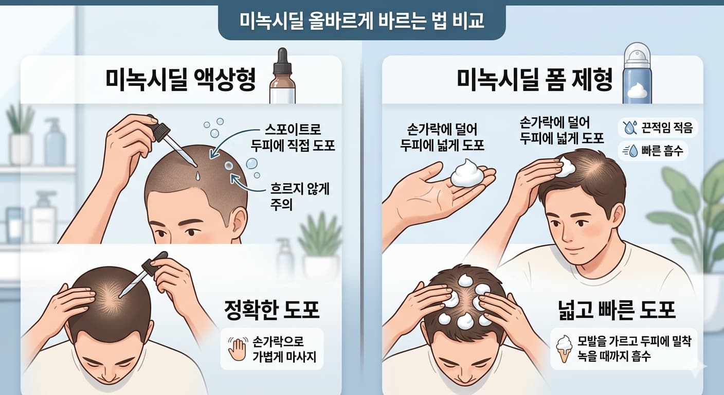 미녹시딜 액상형과 폼 제형의 사용법 비교. 왼쪽은 스포이트를 이용한 액상 도포, 오른쪽은 거품 제형을 두피에 바르는 모습이 대조되어 있으며 각각의 특장점