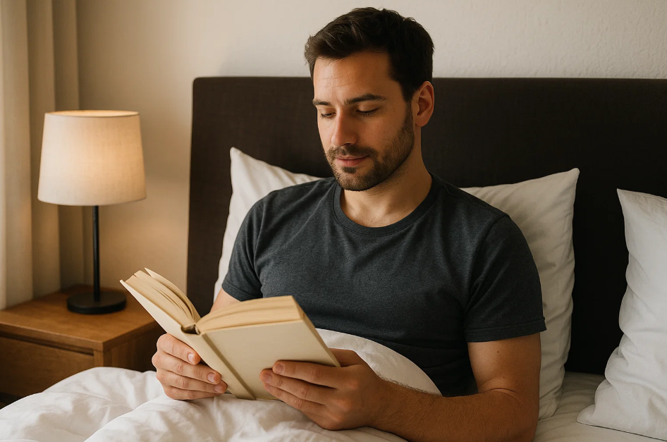 침실에서 독서하는 남성 사진