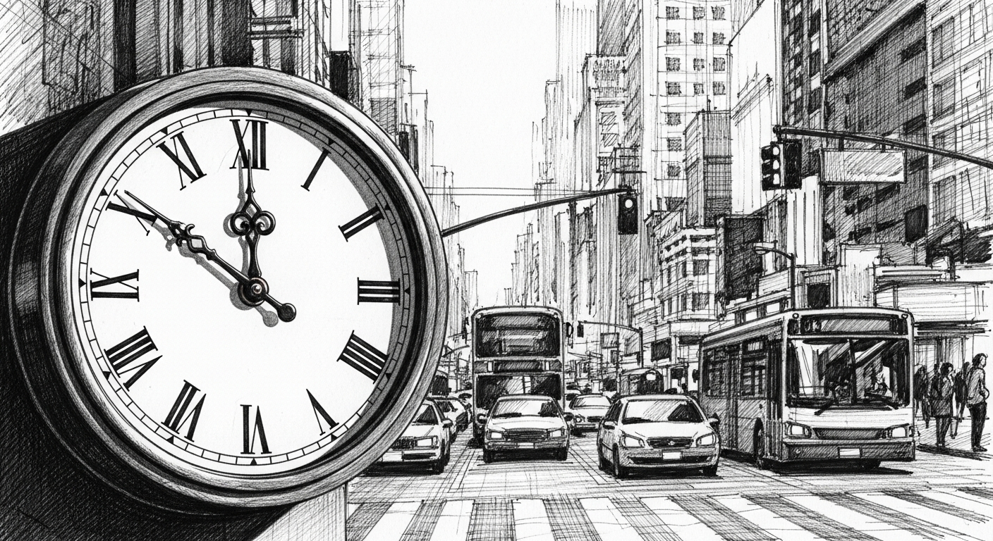 바쁜 도시 거리와 시계를 통해 지연 상황을 표현
