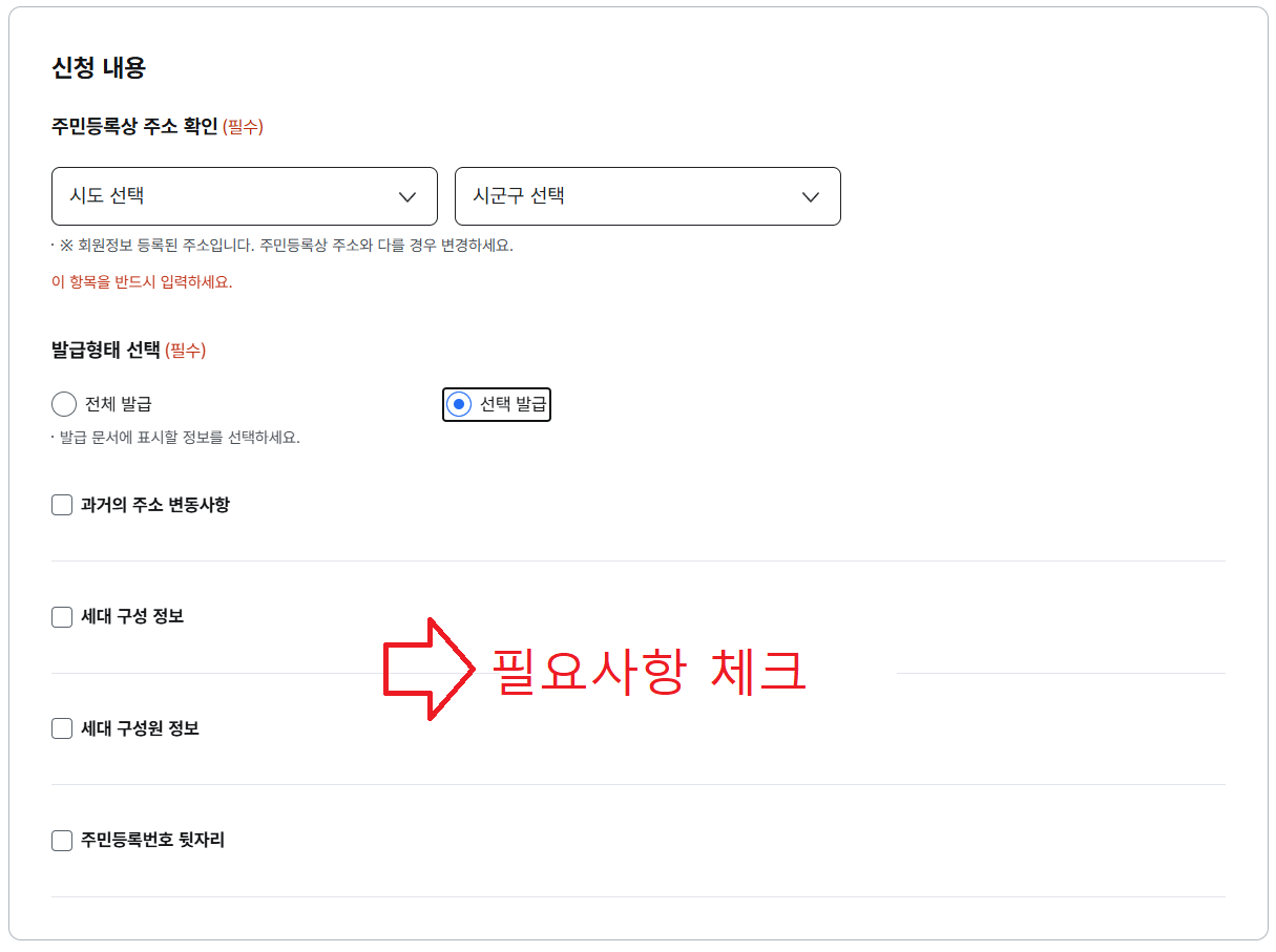 선택 발급시 필요한 사항들을 체크 이미지