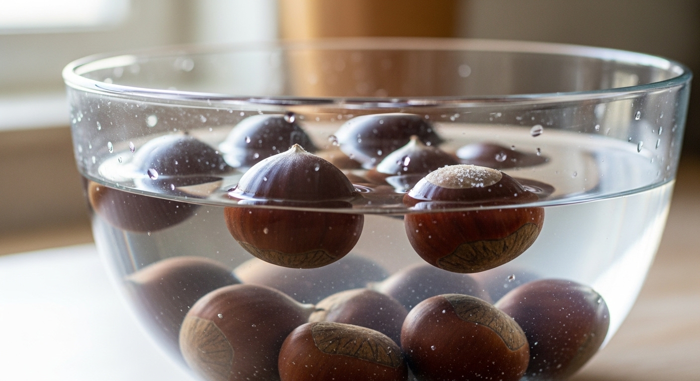 소금물에 담겨 있는 생밤들. 일부 밤은 물 위에 떠 있어 벌레 먹은 밤을 선별하는 과정을 보여줌.