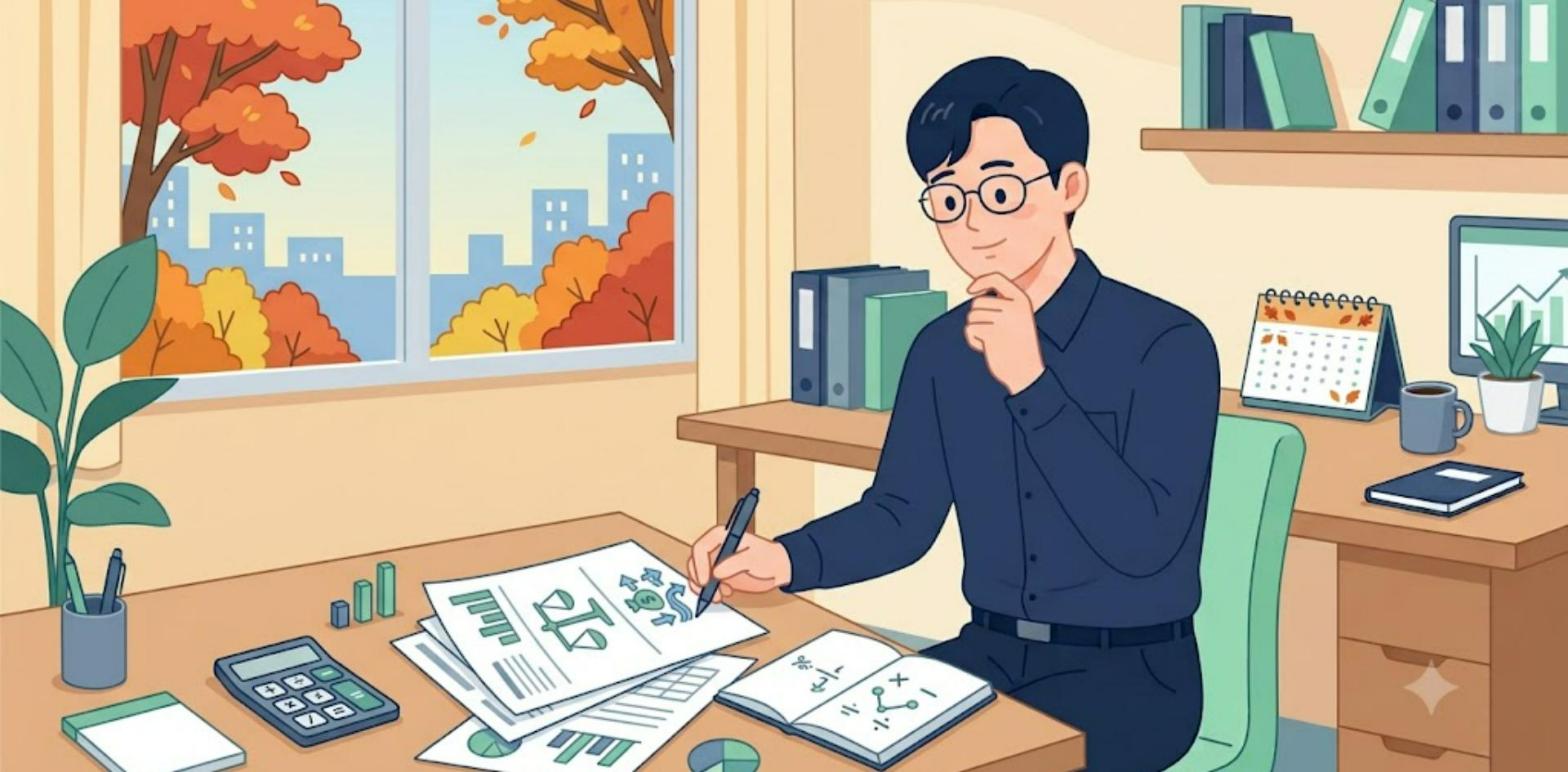 재무제표 3종을 비교하며 공부하는 직장인 일러스트
