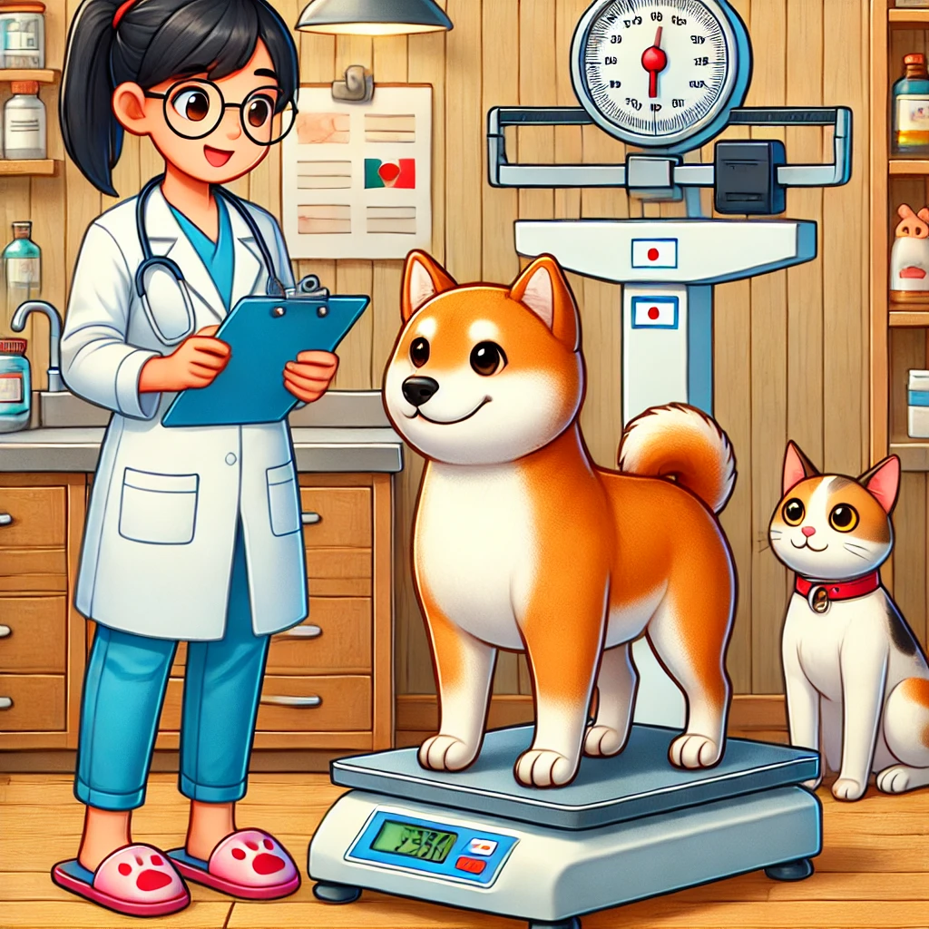 A veterinarian weighing a Shiba Inu on a digital scale while a curious cat watches from a nearby chair in a cozy clinic