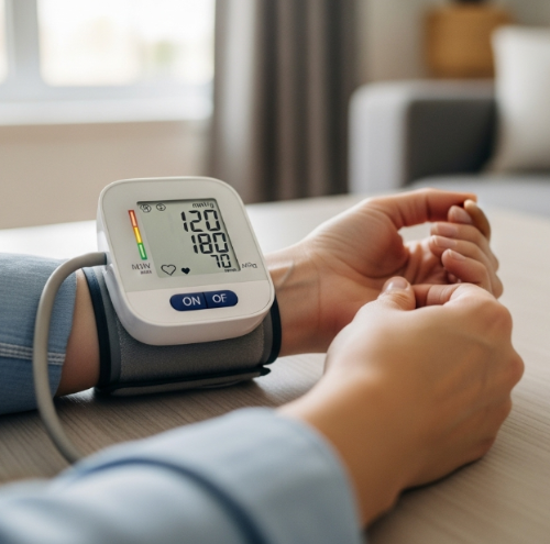 혈압 측정기가 손목에 채워진 모습