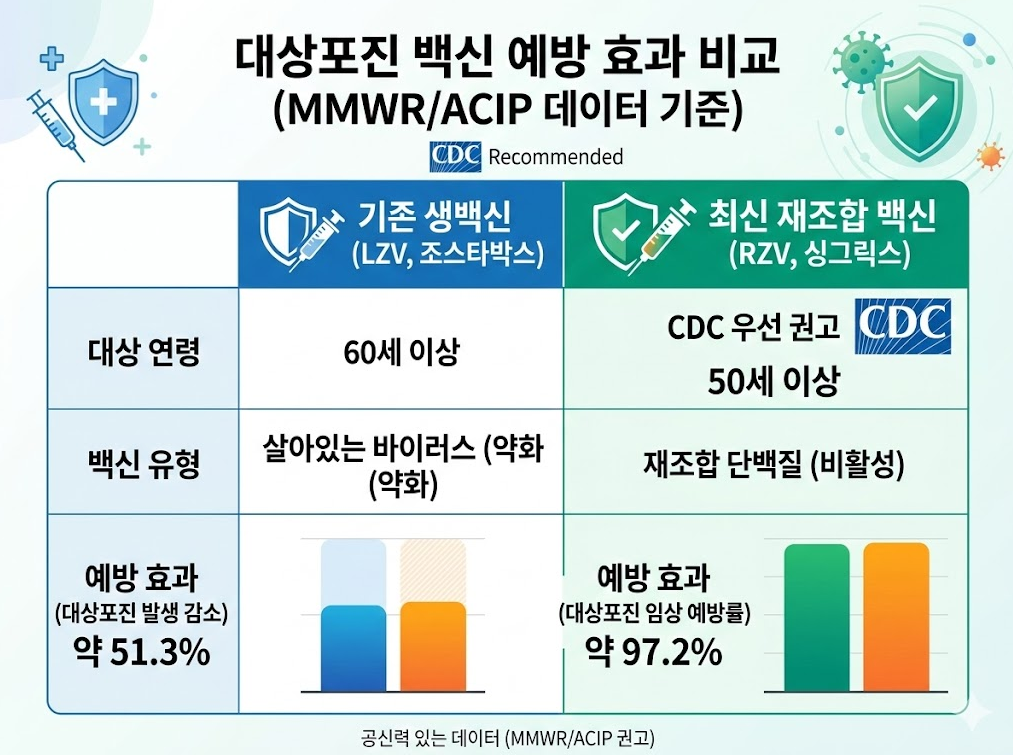 대상포진 백신 예방 효과 비교 인포그래픽 재조합 백신 싱그릭스와 기존 생백신 예방률 차이