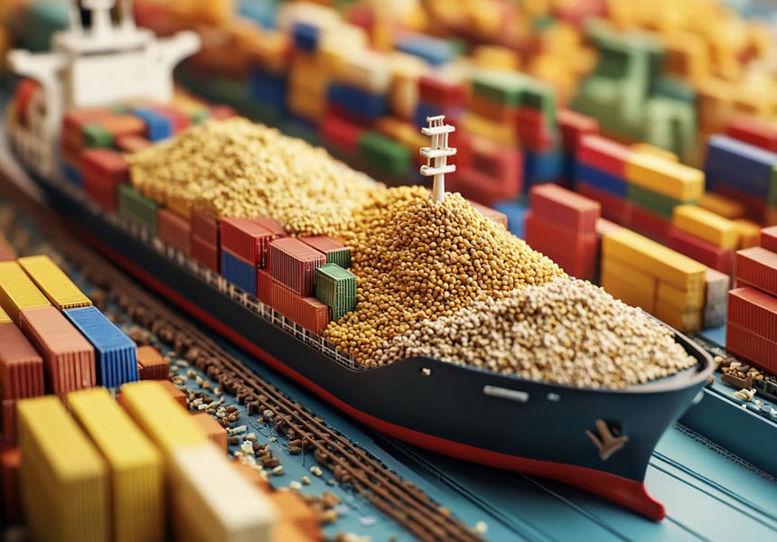 곡물을 실은 대형 수입 화물선과 컨테이너 선적 장면