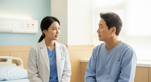 병원에서 질문하는 환자와 의사