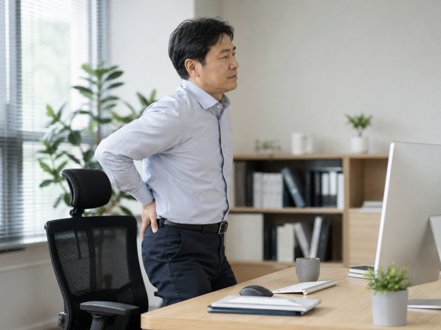 사무실에서 앉아 있다가 일어서는 직장인