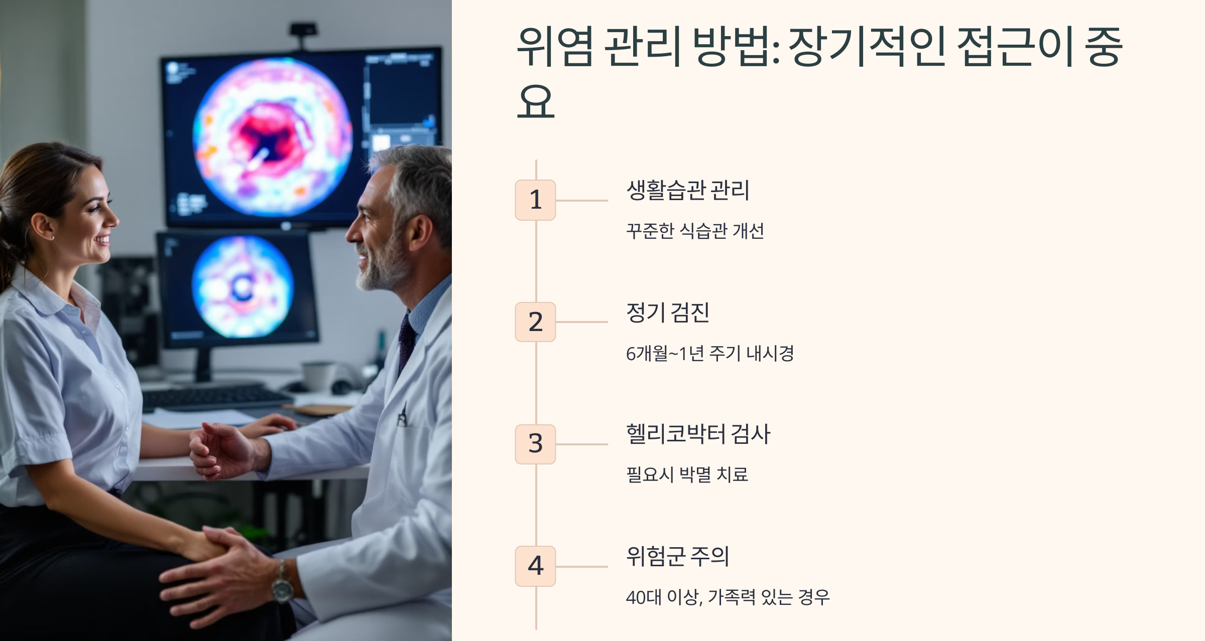 의사와 환자 나란히 앉아서 위염 관리에 대해 설명하는 이미지