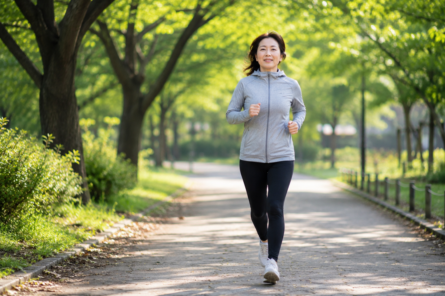 아침 공원 길을 조깅하는 50대 여성