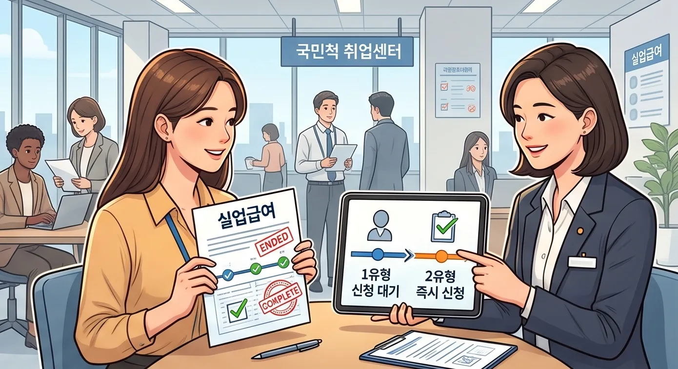국민취업지원센터에서 상담사가 실업급여 수급 완료 후 국민취업지원제도 1유형 신청 대기 및 2유형 즉시 신청 절차를 태블릿으로 안내하는 모습
