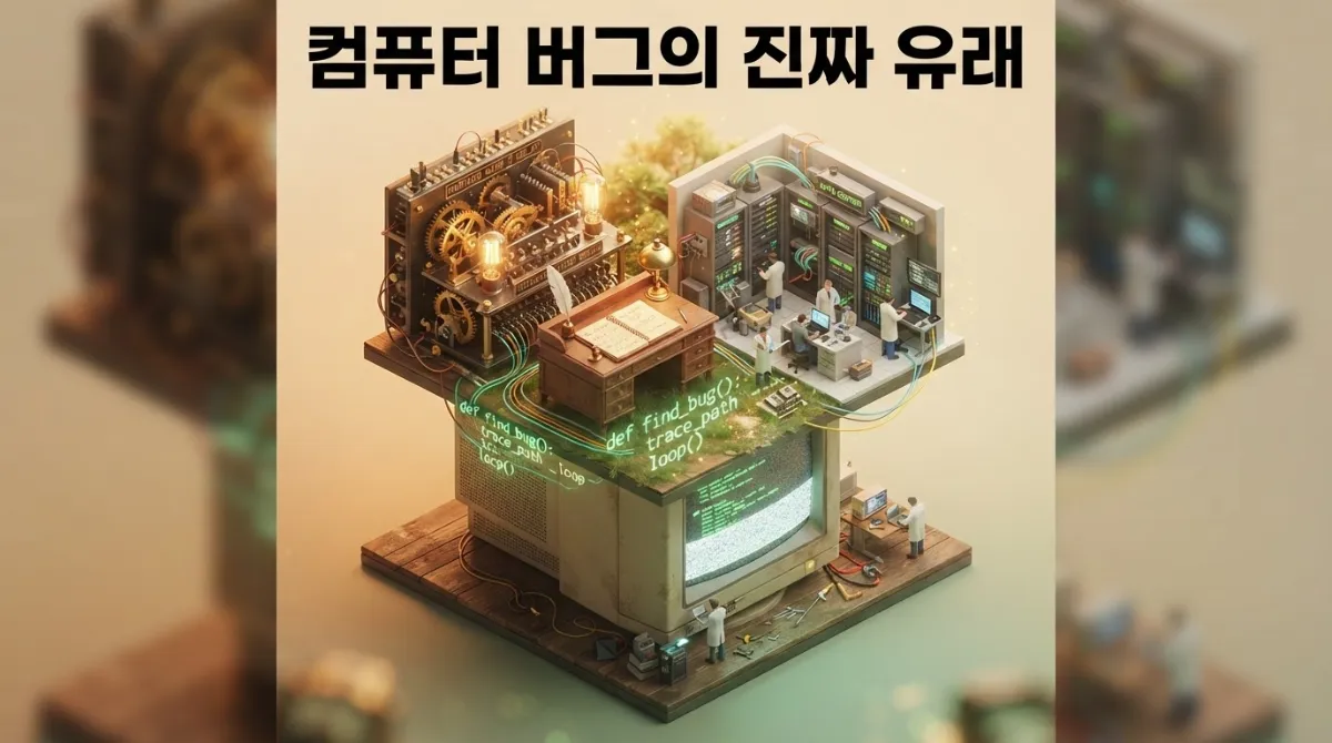 그레이스 호퍼가 하버드 마크 II 릴레이 모듈을 돋보기로 검수하는 빈티지 컴퓨터 모니터 디오라마