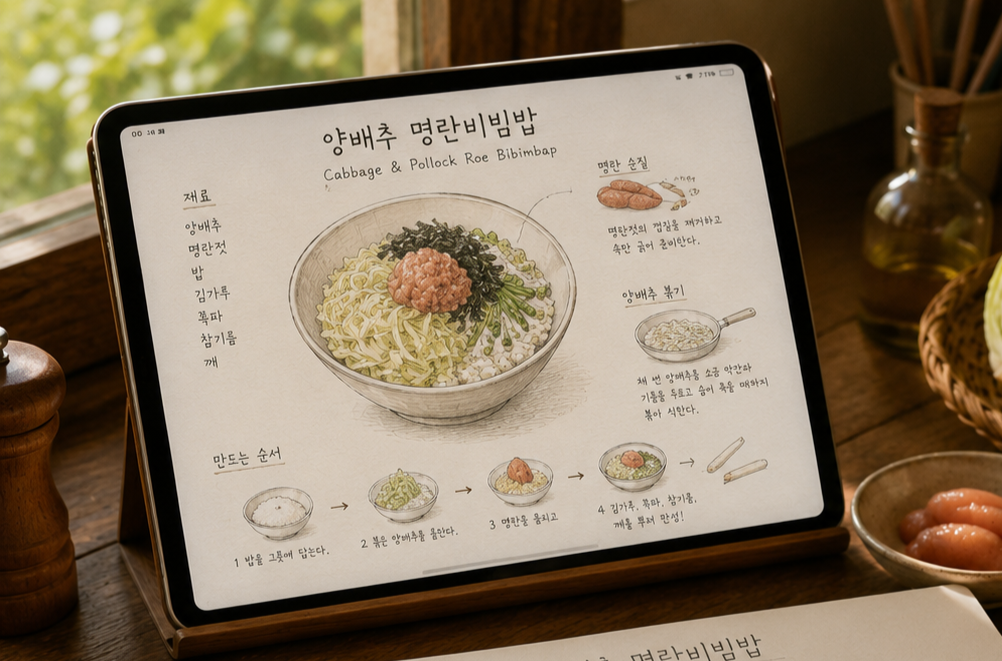 아이패드와 스케치북에 양배추 명란비빔밥 레시피 드로잉이 그려져 있고 주변에 양배추와 명란 재료가 놓인 따뜻한 주방 장면