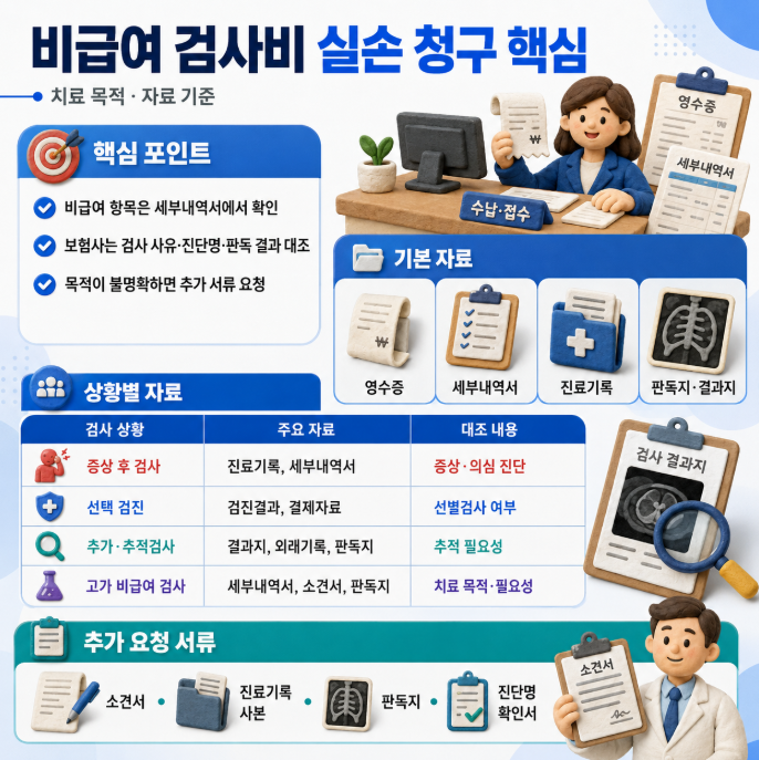클레이 애니메이션 스타일의 1:1 인포그래픽으로, 비급여 검사비 실손 청구 핵심 내용을 영수증&middot;세부내역서&middot;진료기록&middot;판독지&middot;추가 요청 서류와 함께 정리한 이미지