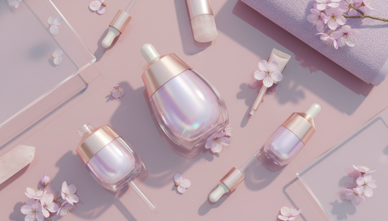 2026년 최신 과학 기술이 적용된 미래형 럭셔리 스킨케어 제품들과 화사한 봄꽃의 조화