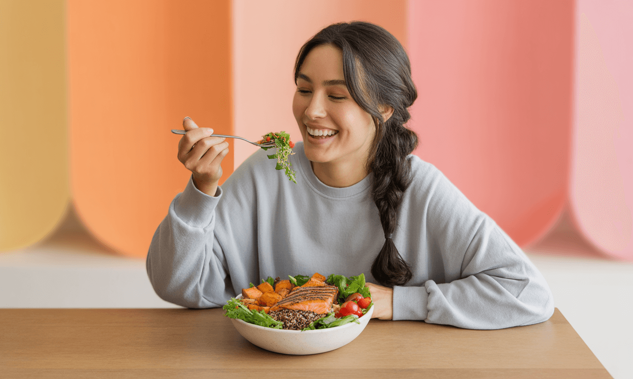 20대-여성-장염-원인-연어샐러드를-먹는-모습