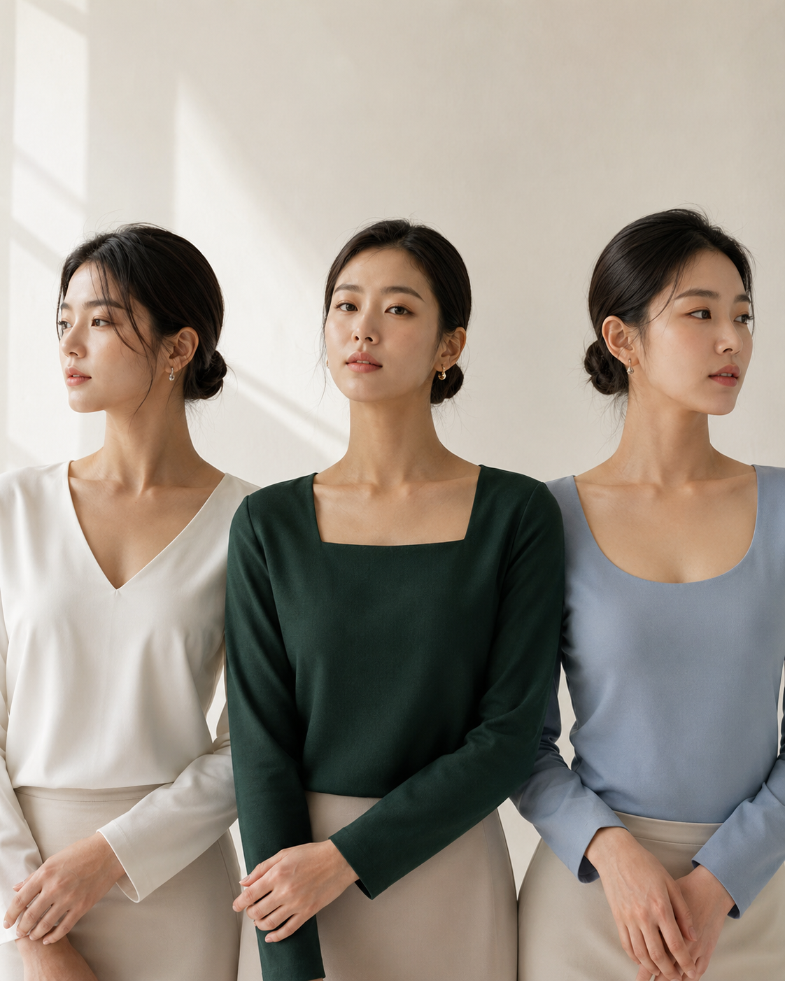 목이 짧아 보이는 체형 코디에서 옷의 길이와 실루엣이 신체 비율에 미치는 포인트를 보여주는 이미지입니다.