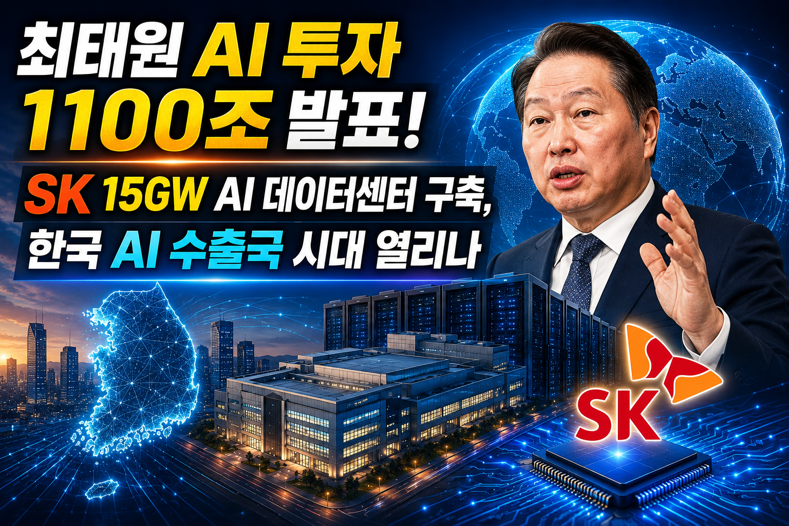 최태원 AI 투자 1100조 발표! SK 15GW AI 데이터센터 구축, 한국 AI 수출국 시대 열리나 관련 사진