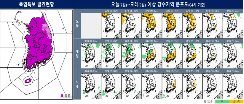 폭염특보 발효현황, 오늘~모레 예상 강수지역 분포도
